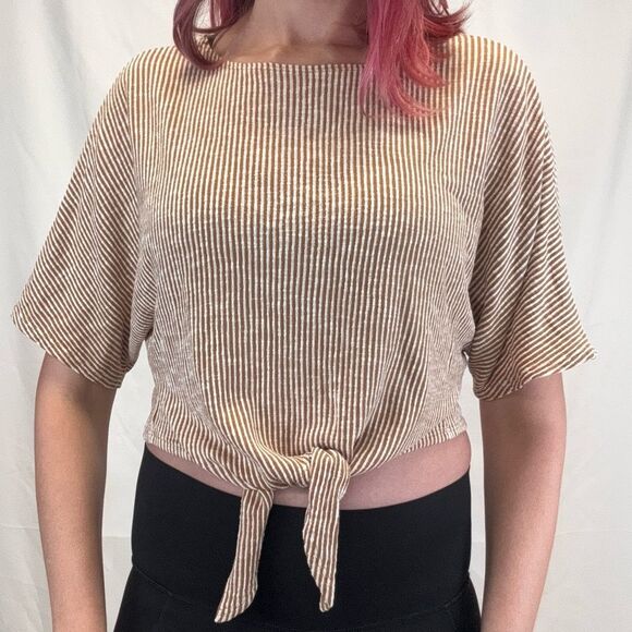 Caution to the Wind Women's Dolman Sleeve Top M Med Medium White Brown Knot Tie - Picture 1 of 11